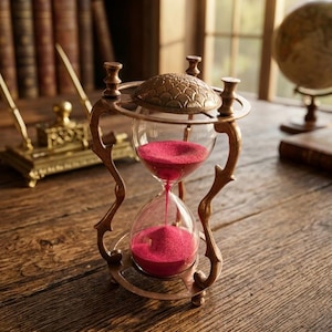 Vintage timglas i mässing, antik skrivbordsdekor i mässing, rosa timglas på 5 minuter, nautisk skrivbordstillbehör, unik present till läsaren