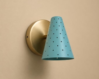Mid Century Skyblue Wall Sconce Handmade Raw Brass Fixture Adjustable Cone Lamp Light