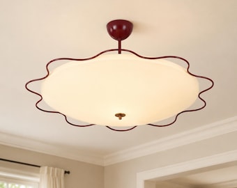 Stylowa lampa sufitowa z lat 50. w stylu mid-century modern, kremowo-wiśniowa, ręcznie robiony żyrandol z 5 światłami, dekoracja kuchni