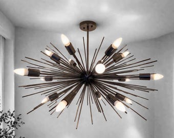 1950s Mid Century Black Antique Modern Brass Urchin 12 Arms Holder Celling Chandelier