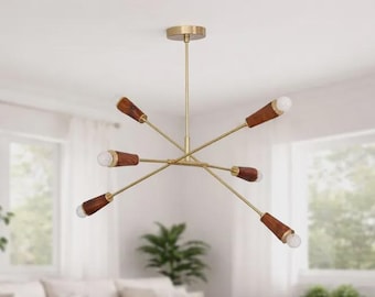Modernes Wohnen 50er Jahre Messing & Holz Nussbaum Handgefertigter Sputnik Kronleuchter Gebürstetes Messing Lampe