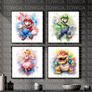 Set di personaggi di Super Mario di 4 opere d'arte ad acquerello - arte della parete stampabile, download digitale, opera d'arte poster, clipart, PDF, PNG