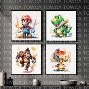 Set di 8 opere d'arte dell'acquerello di personaggi di Super Mario - Wall Art stampabile, Download digitale, Poster Artwork, Clipart, PDF, PNG