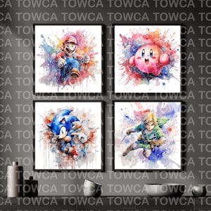 Super Smash Bros Characters Set van 4 Aquarel Artwork - Afdrukbare Wall Art, Digitale Download, Poster Artwork, Clipart, PDF, PNG