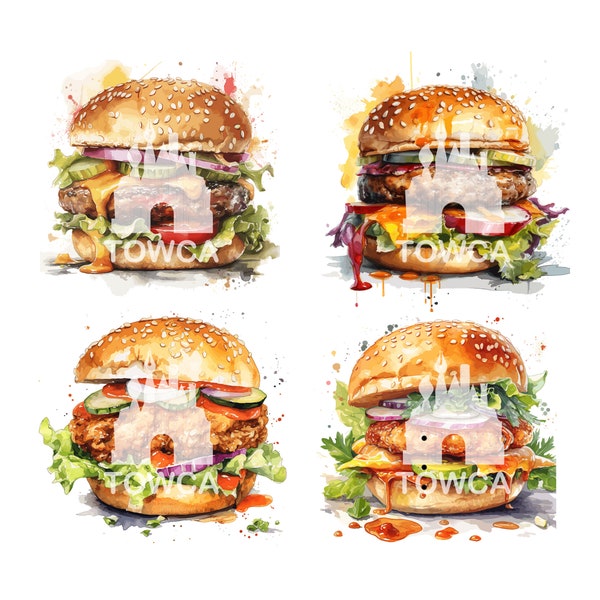 Set of 8 Digital BURGER CLIPART, Watercolour Clipart, Cartoon Clip Art, Shirt Art, Cartoon Bundle. Vector Artwork, png, pdf Files