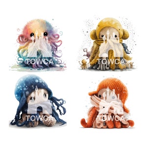 Set of 8 Digital Cute Octopus Watercolour Clipart, Card Making, Clip Art, Digital Paper Craft, Painting, BONUS 3 PNG&#39;S FREE