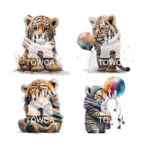 Set of 8 Digital Cute Baby Tiger Watercolour Clipart, Card Making, Clip Art, Digital Paper Craft, Painting, BONUS 1 PNG&#39;S FREE