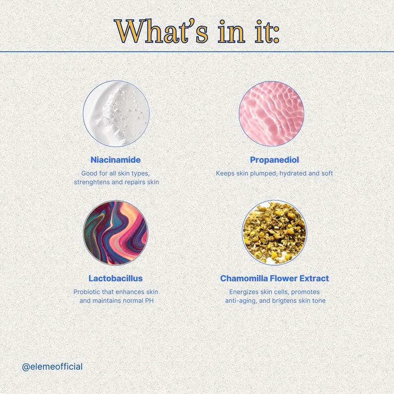 May include: An image with the text "What's in it:" and four circular illustrations. The illustrations show Niacinamide, Propanediol, Lactobacillus, and Chamomilla Flower Extract. Each ingredient has a brief description. The @elemeofficial logo is at the bottom.