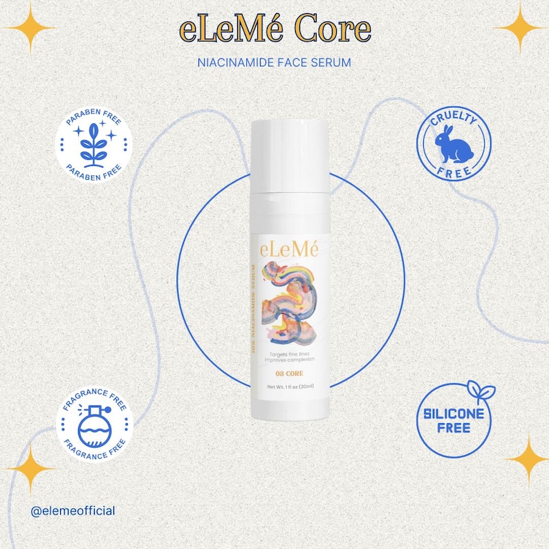 May include: White eLeM&eacute; Core Niacinamide Face Serum bottle with a colorful abstract design. The bottle is surrounded by icons indicating it is paraben-free, fragrance-free, cruelty-free, and silicone-free. The net weight is 1 fl oz (30ml).