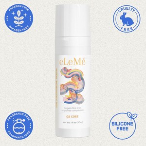 May include: A white eLeM&eacute; serum bottle with a colorful abstract design. The bottle has text that reads "10X Niacinamide Serum", "Targets fine lines improves complexion", and "03 CORE". The bottle is 1 fl oz (30ml). The image also includes "Paraben Free", "Cruelty Free", "Fragrance Free", and "Silicone Free" labels.