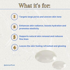May include: A light beige graphic with the text "What it's for:" and four numbered points. The points describe the product's benefits: targeting pores, enhancing radiance, supporting skin renewal, and leaving skin refreshed. Two clear liquid droplets are at the bottom.