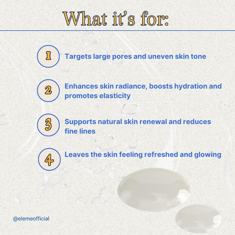 May include: A light beige graphic with the text "What it's for:" and four numbered points. The points describe the product's benefits: targeting pores, enhancing radiance, supporting skin renewal, and leaving skin refreshed. Two clear liquid droplets are at the bottom.