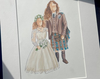 May include: A watercolor painting of a wedding couple. The bride is wearing a white dress with lace detailing and a flower crown. The groom is wearing a brown suit with a kilt and a plaid pattern. They are both smiling and holding a bouquet of white flowers.