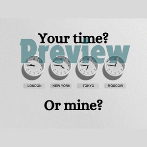 Może przedstawiać: Cztery analogowe zegary pokazujące różne godziny w Londynie, Nowym Jorku, Tokio i Moskwie. Tekst "Your time? Preview Or mine?" jest nałożony na zegary.