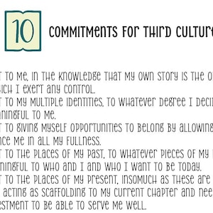 Puede incluir: Una lista de 10 compromisos para niños de la tercera cultura. Los compromisos están escritos en negro sobre fondo blanco. El texto está centrado en la página y está numerado del 1 al 10. El título "The 10 Commitments for Third Culture Kids" está escrito en negro sobre fondo verde.