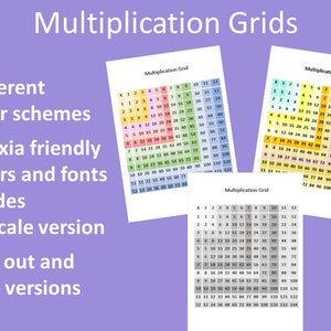 May include: Three multiplication grids with different color schemes. The grids are filled out with numbers from 1 to 12. The grids are labeled "Multiplication Grid".