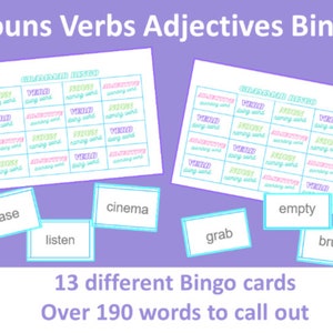 Noms Verbes Adjectifs Grammaire Jeu de bingo-test amusant en anglais, y compris les parties du discours, l'affiche 13 cartes de bingo différentes, plus de 190 mots à énoncer