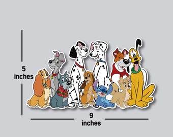 May include: A sticker featuring cartoon dogs, including Dalmatian, Pluto, and Lady. The sticker is 9 inches wide and 5 inches tall. The dogs are in various colors, including white, black, brown, and blue.