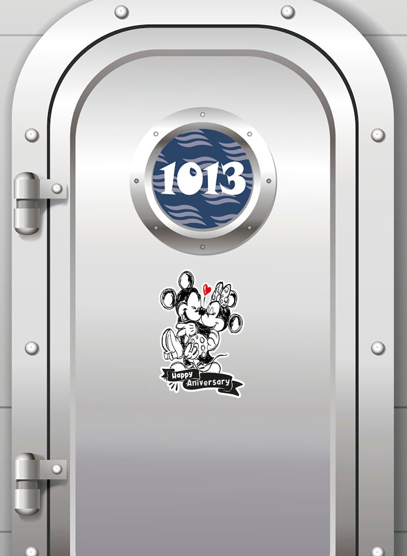 May include: A silver metal door with a round porthole window. The porthole has a blue background with white waves and the number 1013. A black and white illustration of Mickey Mouse and Minnie Mouse kissing with a red heart and the text "Happy Anniversary" is on the door.