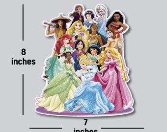 May include: A sticker featuring a group of Disney princesses, including Cinderella, Snow White, Ariel, Belle, and more. The princesses are arranged in a circle, with Cinderella in the center. The sticker is 8 inches tall and 7 inches wide.
