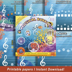 Może przedstawiać: Kolorowa edukacyjna książka ćwiczeń zatytułowana "Musical Bubbles III" z niebieskim tłem i ilustracjami zwierząt w bańkach. Książka zawiera 32 strony, ćwiczenia, kolorowanki i gry. Jest przeznaczona dla dzieci w wieku od 3 do 10 lat i prezentuje sprawdzoną metodę nauki nut.