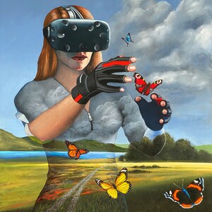 Può includere: Un dipinto a olio raffigura una persona con un visore VR e guanti, che interagisce con delle farfalle. La forma della persona è parzialmente trasparente, rivelando un paesaggio con un sentiero, campi e un lago. Il cielo è blu con nuvole.