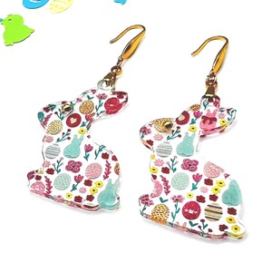 Easter Bunny Floral Earrings, Easter Earrings, Rabbit Earrings, Easter Jewelry, holiday gift for her, spring earrings, acrylic, handmade