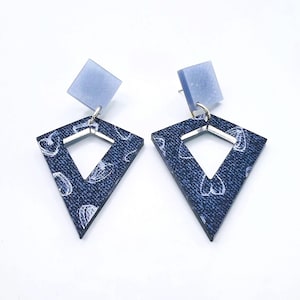 Denim print Geometric Earrings dangle, Holiday Gift for Her, Acrylic Earrings, Blue Earrings, Fun Statement Earrings, Cute Birthday Gift