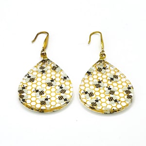 Honeycomb Bee Dangle Earrings: Nature Lover Jewelry