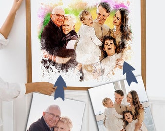 Combine Portrait Watercolor Family Portrait From Merging Multiple Photos, Anniversary Gift for Parents, Father’s Day Gift.