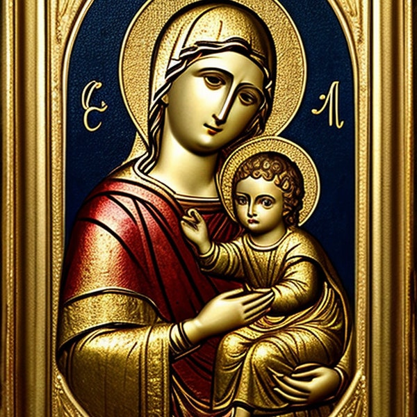 Divine Mother Mary and baby Jesus gold framed