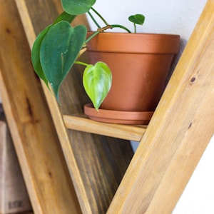 Puede incluir: Una estantería triangular de madera con tres estantes, cada uno con una planta en maceta. La estantería está hecha de madera natural con un tinte marrón claro. La planta en el estante superior es una planta verde de hoja en una maceta de terracota.