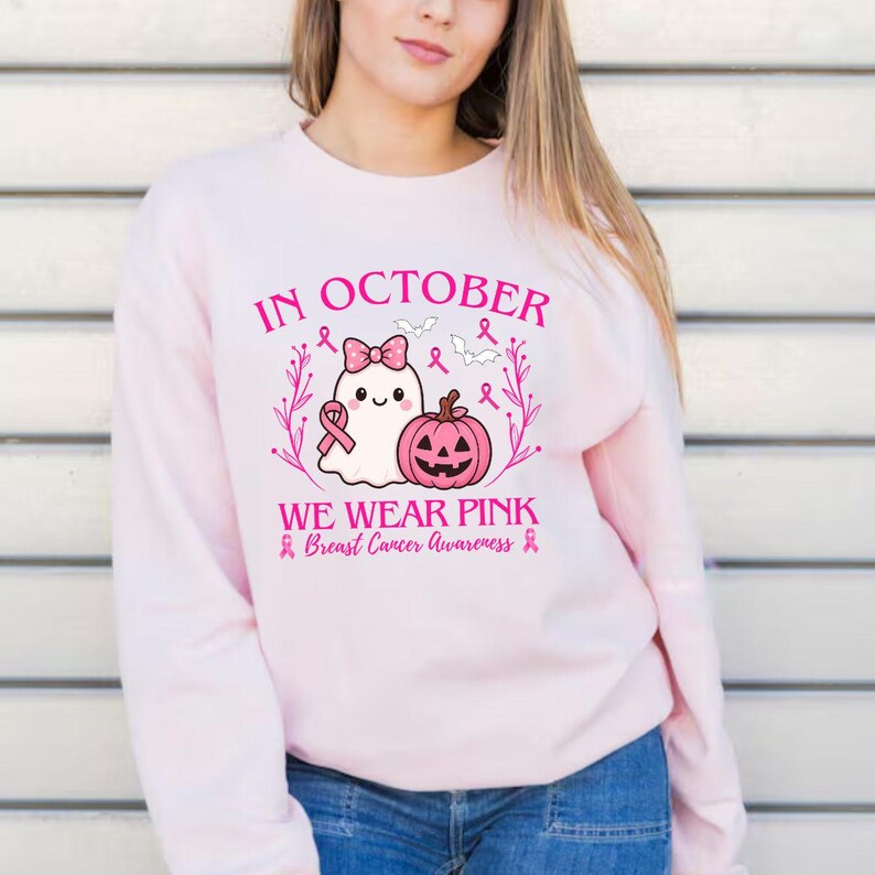 In October We Wear Pink Ghost PNG SVG, Breast Cancer Awareness Clipart ...