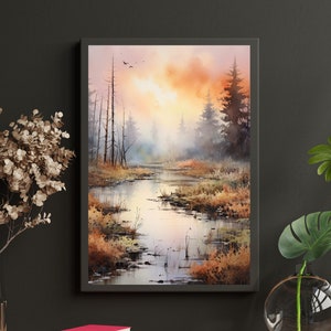 May include: A watercolor painting of a misty forest scene with a winding river in the foreground. The sky is a soft orange and pink, and the trees are silhouetted against the light.