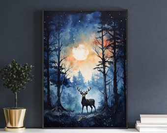 Stag Painting Printable Wall Art, Stag Head and Antlers, Moody Rustic Wall Art, Farmhouse Wall Decor, Stag Wall Art, Lucky Stag Painting
