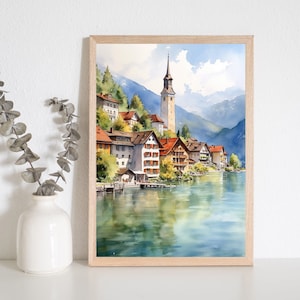 Switzerland Travel Print Watercolour Art, Mountain Wall Art, Travel Gift, Housewarming Gift, Printable Wall Art, Switzerland Poster Print