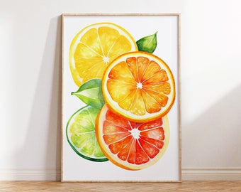 Citrus Fruit Print, Citrus Wall Art, Watercolour Food Illustration, Kitchen Wall Decor, Printable Art, Orange Lemon Lime, Instant Download