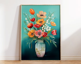 Flower Vase Print Living Room Wall Art Flower Prints Botanical Bedroom Print Teal Boho Colourful Prints Boho Decor Kitchen Wall Prints