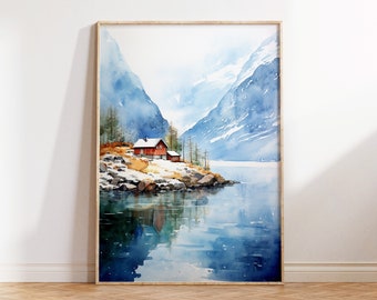 Norway Fjords Travel Poster, Fjords Wall Art Norway, Norway Travel Print Watercolour Art, Travel Gift, Birthday Present, Norway Poster Print