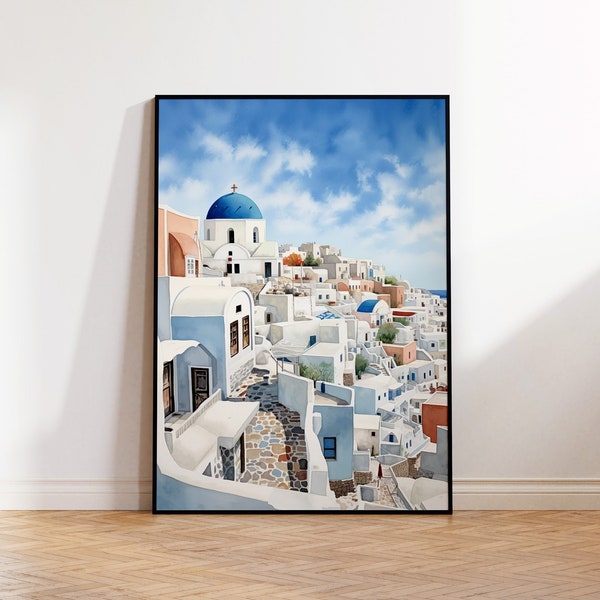 Santorini, Greek Island Art, Watercolour Landscape Print, Santorini Wall Art, Travel Poster, Europe Print, Blue and White Theme, Greece Art