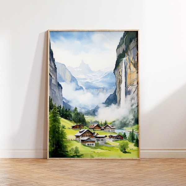 LauterBrunnen Print, Switzerland Travel Print Watercolour Art, Mountain Wall Art, Travel Gift, Switzerland Poster Print, Housewarming Gift