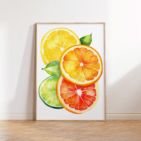 Citrus Fruit Print, Citrus Wall Art, Watercolour Food Illustration, Kitchen Wall Decor, Printable Art, Orange Lemon Lime, Instant Download