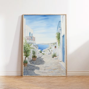 Mykonos Print, Greece Travel Print Watercolour Art, Coastal Wall Decor, Travel Gift, Mykonos Poster Print, Housewarming Gift, Anniversary
