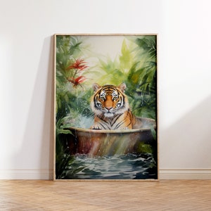 Tiger in Bathtub Jungle Vibes, Plant Wall Art, Living Room Print, Animal Wall Art, Colourful, Boho Home Decor, Bedroom Print, Flower Prints