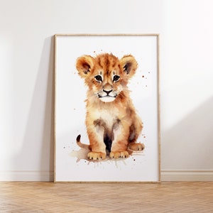 Baby Lion Watercolour Painting, Cute Lion Cub Art Print, Wildlife Nursery Print, Jungle Animal Instant Download, Lion Cub Nursery Decoration