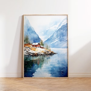 Norway Fjords Travel Poster, Fjords Wall Art Norway, Norway Travel Print Watercolour Art, Travel Gift, Birthday Present, Norway Poster Print