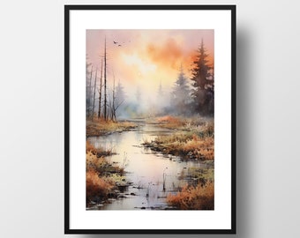 Serene Landscape Minimalist Art Print, Abstract Watercolour Home Decor, Affordable Wall Art Prints, Tranquil Scenic Painting, Modern Decor
