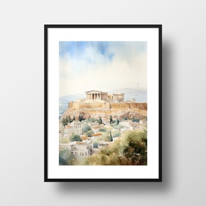 May include: A watercolor painting of the Acropolis in Athens, Greece. The painting depicts the ancient ruins on a hilltop, with a cityscape in the foreground and a blue sky with white clouds in the background.