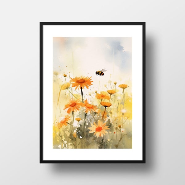 Watercolour Bee Print, Bumblebee Art, Bee Wall Art, Bumblebee Gifts, Bee Themed Home Decor, Summer Nature Flower Print, Botanical Art Print