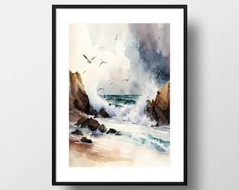 Ocean Print / Beach Poster / Coastal Landscape Print / Ocean Waves Beach Art / Nautical Decor for Walls / Coastal Living Room Decor